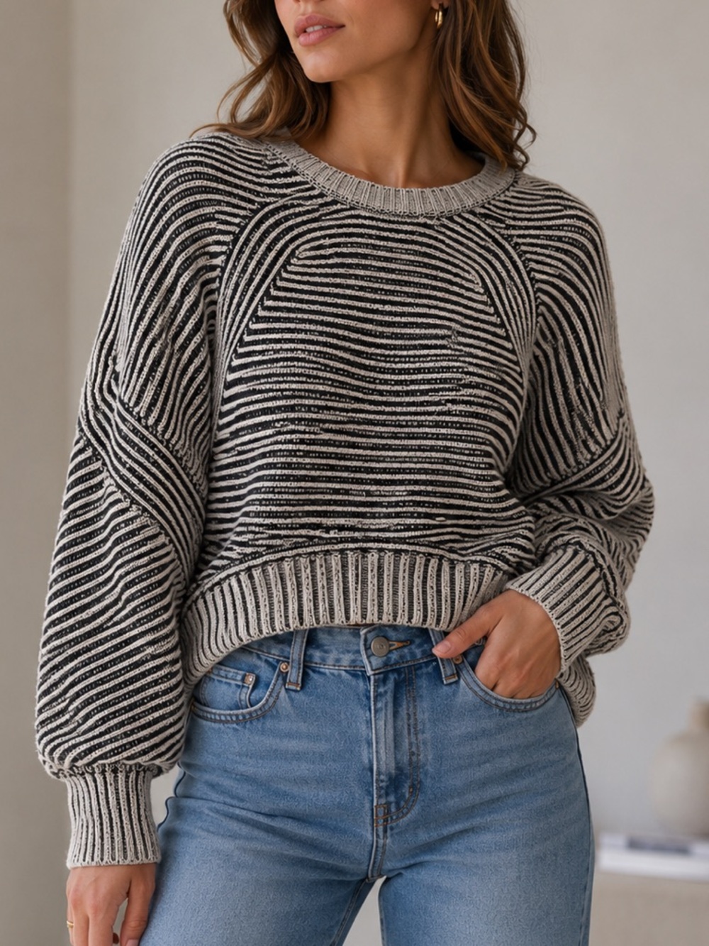 Striped Crewneck Knit Sweater in Black and Cream